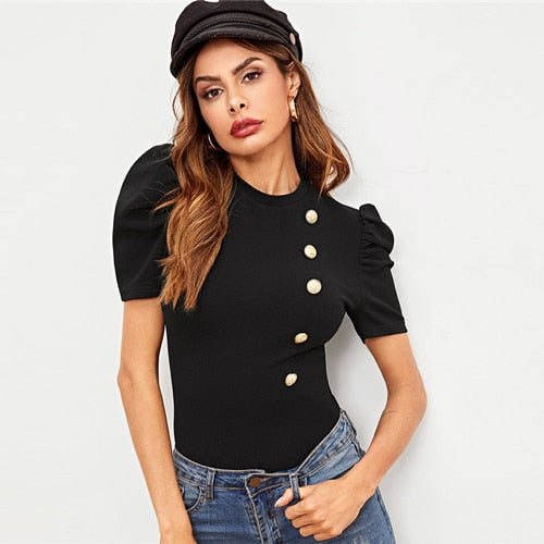 SHEIN Black Puff Sleeve Buttoned Textured Tee Ladies Elegant Plain Tops 2019 Summer Streetwear Short Sleeve Women Shirts