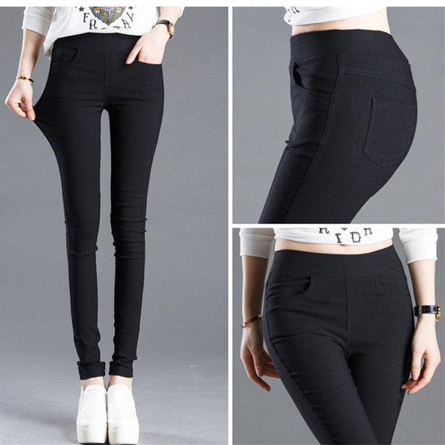 WKOUD 2019 Sexy Solid Pencil Pants Women's Full Length Leggings High Waist Stretch Trousers Female Casual Wear Black White P8823