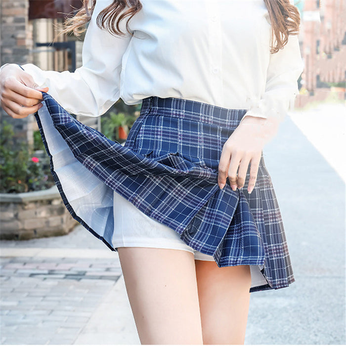Women Pleated Skirts Korean Plaid High Waist  Supper Short Mini Skirt 2019 New Summer Pink Blue Sweet Slim Skirts Feminina LD843