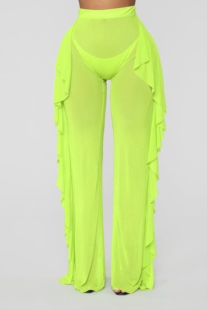 New Sexy Ruffle Women Beach Mesh Pants Sheer Wide Leg Pants Transparent See through Sea Holiday Cover Up Bikini Trouser Pantalon