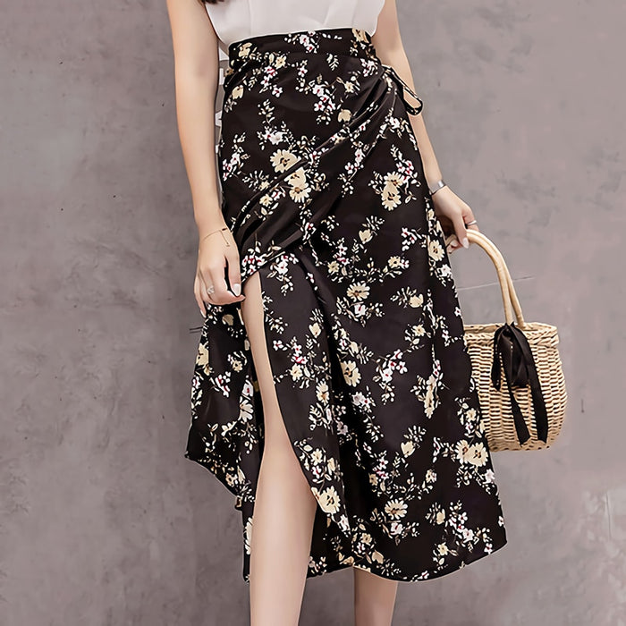 Summer Print Flower Chiffon Women Skirt Kawaii Korean Casual Empire Skirts Harajuku Mid-Calf Bow Cute High Waist Vintage Skirts