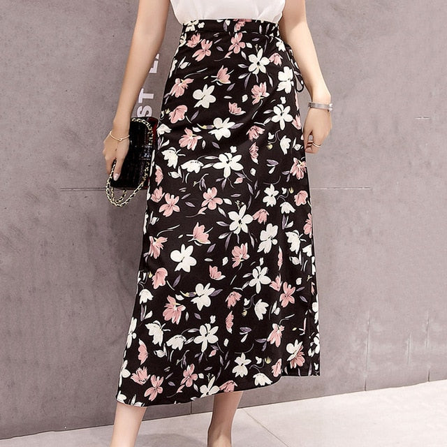 Summer Print Flower Chiffon Women Skirt Kawaii Korean Casual Empire Skirts Harajuku Mid-Calf Bow Cute High Waist Vintage Skirts