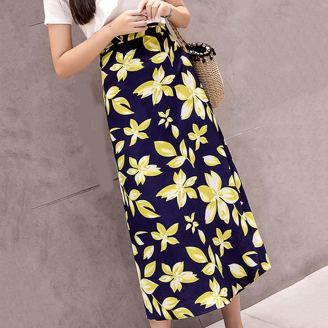 Summer Print Flower Chiffon Women Skirt Kawaii Korean Casual Empire Skirts Harajuku Mid-Calf Bow Cute High Waist Vintage Skirts