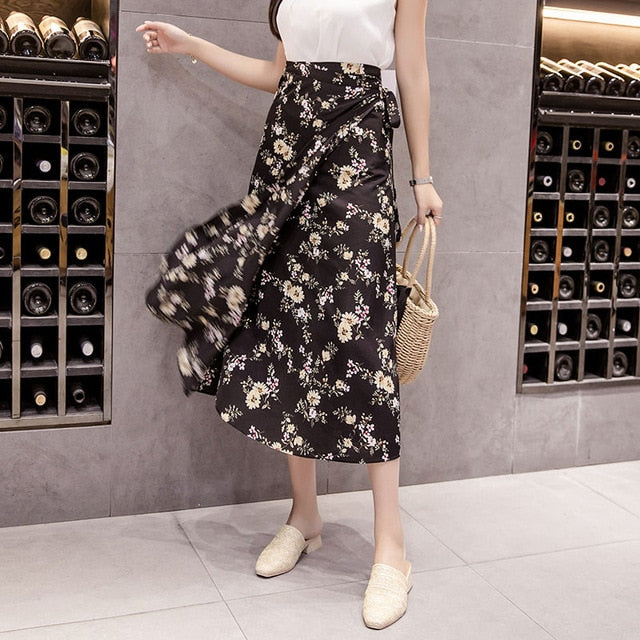Summer Print Flower Chiffon Women Skirt Kawaii Korean Casual Empire Skirts Harajuku Mid-Calf Bow Cute High Waist Vintage Skirts