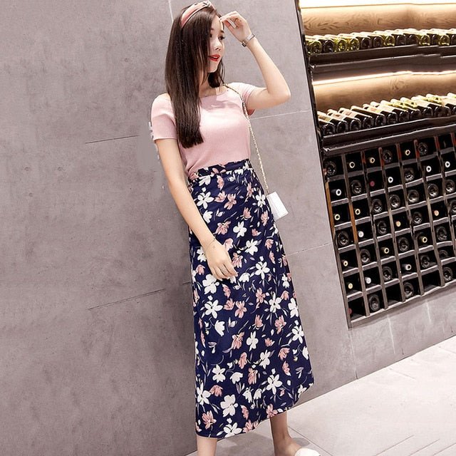 Summer Print Flower Chiffon Women Skirt Kawaii Korean Casual Empire Skirts Harajuku Mid-Calf Bow Cute High Waist Vintage Skirts