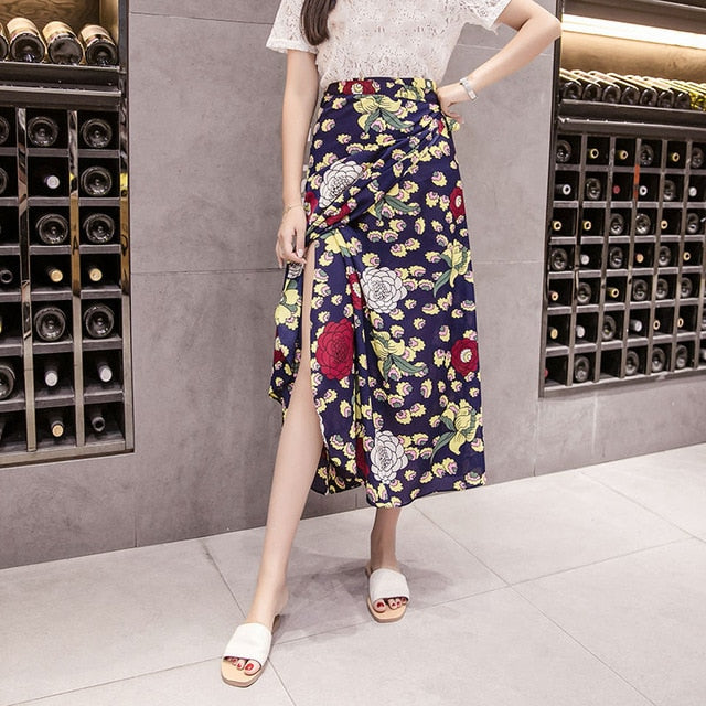 Summer Print Flower Chiffon Women Skirt Kawaii Korean Casual Empire Skirts Harajuku Mid-Calf Bow Cute High Waist Vintage Skirts