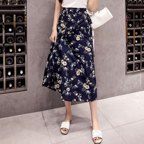 Summer Print Flower Chiffon Women Skirt Kawaii Korean Casual Empire Skirts Harajuku Mid-Calf Bow Cute High Waist Vintage Skirts