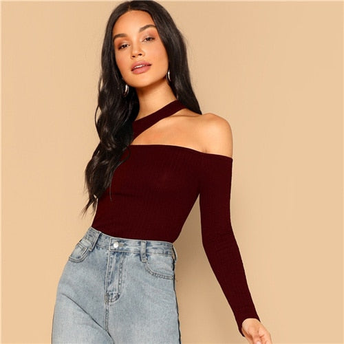 SHEIN Asymmetric Cutout Neck Ribbed T-shirt 2019 Women Elegant Spring Plain Long Sleeve Slim Fit Party Tee and Tops