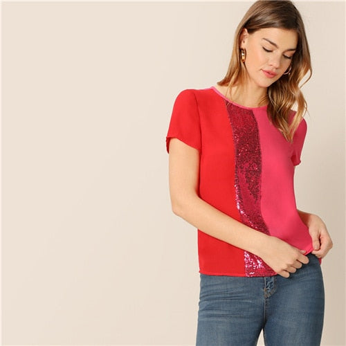 SHEIN Sequins Contrast Panel Spliced Cut-And-Sew Top Womens Tops and Blouses 2019 Casual Colorblock Short Sleeve Summer Blouses