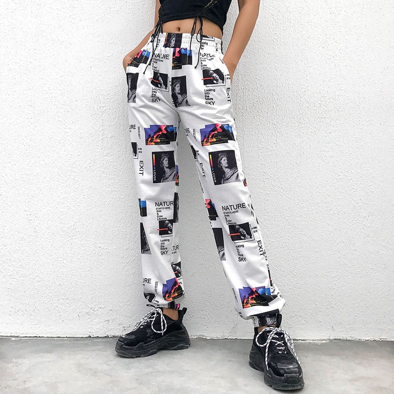SUCHCUTE Cargo Pants Women With Print Wide Leg Trousers High Street Punk Female Breeche Harajuku Harem Pant Pantalon Cargo Femme